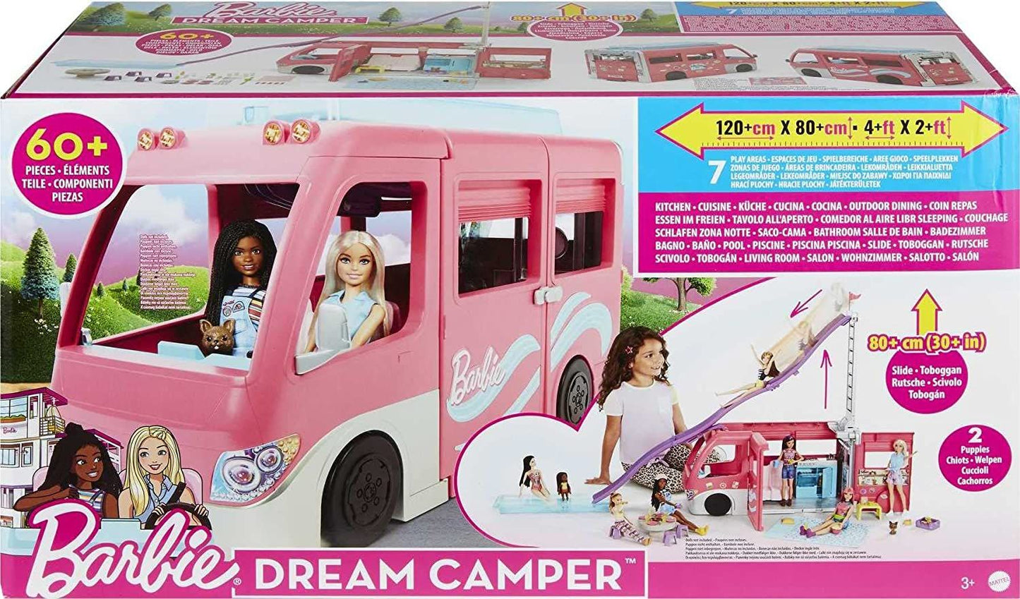 Barbie Dream Camper Vehicle Playset 2022 60+ Pieces 2.5 Feet Tall With Rolling Wheels HCD46