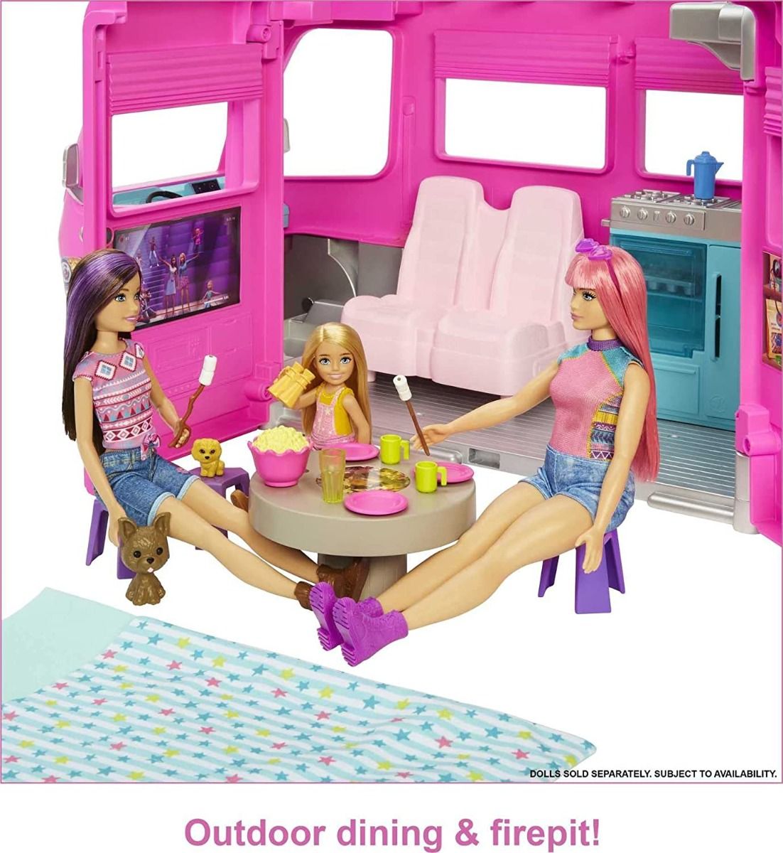 Barbie Dream Camper Vehicle Playset 2022 60+ Pieces 2.5 Feet Tall With Rolling Wheels HCD46