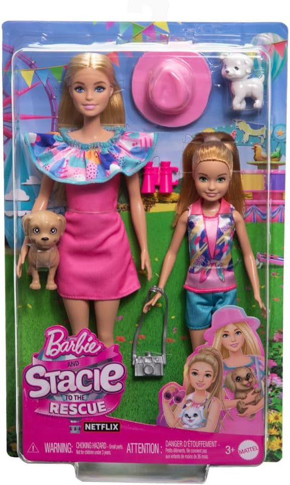 Barbie And Stacie Doll Set With 2 Pet Dogs HRM09