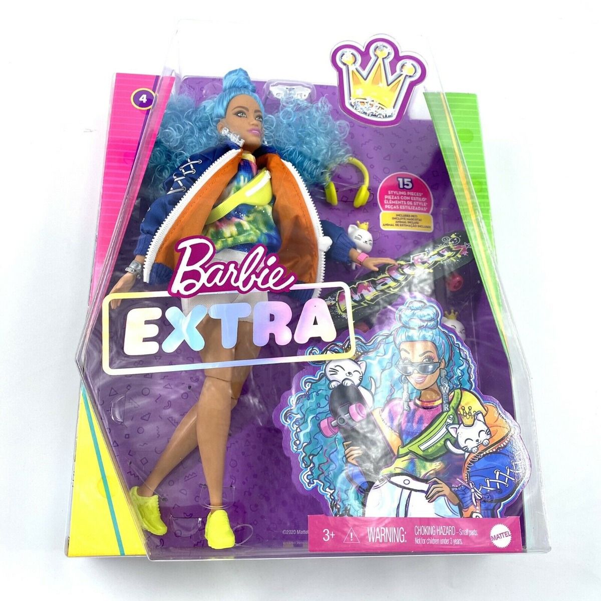 Barbie EXTRA Doll Blue Hair Bomber Jacket Skateboard GRN30