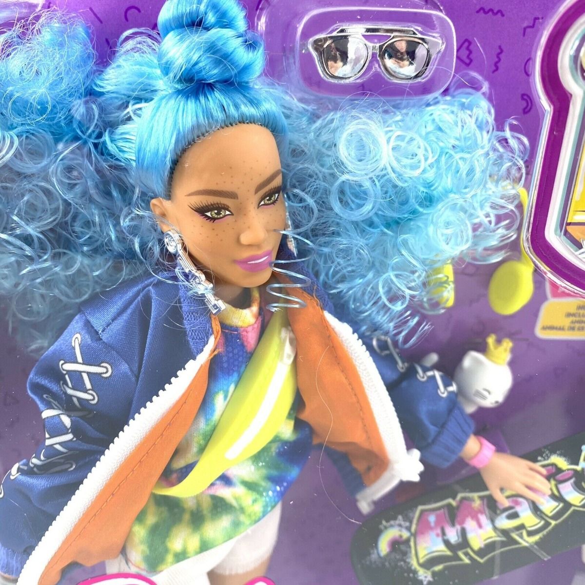 Barbie EXTRA Doll Blue Hair Bomber Jacket Skateboard GRN30