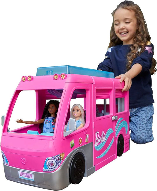 Barbie Dream Camper Vehicle Playset 2022 60+ Pieces 2.5 Feet Tall With Rolling Wheels HCD46