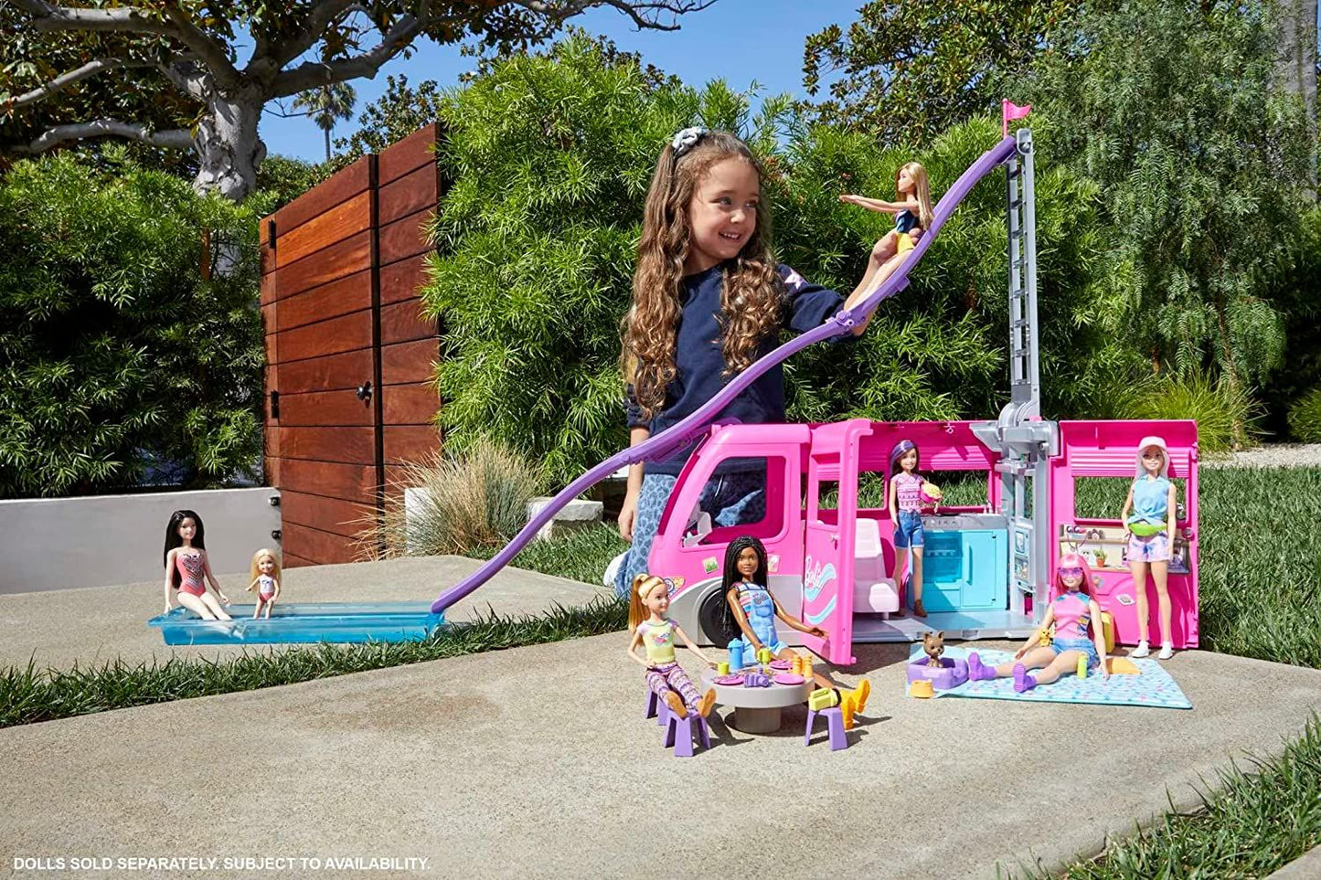 Barbie Dream Camper Vehicle Playset 2022 60+ Pieces 2.5 Feet Tall With Rolling Wheels HCD46